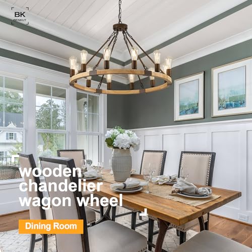 Farmhouse Wagon Wheel Chandelier 31" Wooden Rustic Light Fixtures 12