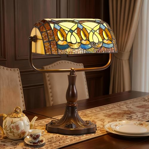 Bankers Lamp Vintage Geometric Stained Glass Desk Lamp