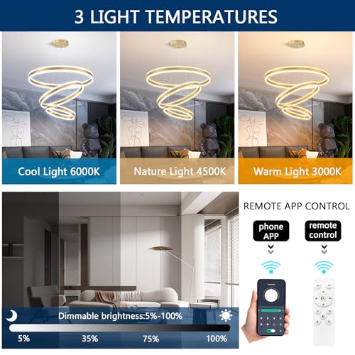 3 Rings Modern Chandelier for Dining Room Gold LED Dimmable Pendant Lightings for Kitchen Island Adjustable Height Flush Mount Ceiling Lighting for Living Room Foyer Hallways 3000K (3 Count)