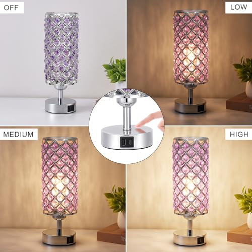Purple Crystal Table Lamp with USB C+A 3