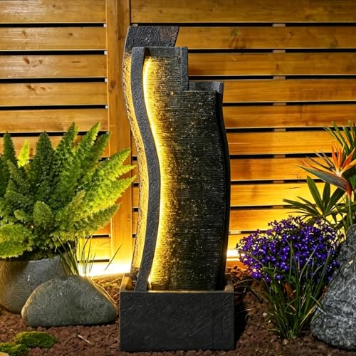43H Modern Outdoor Water Fountain with LED Light for Garden Decor