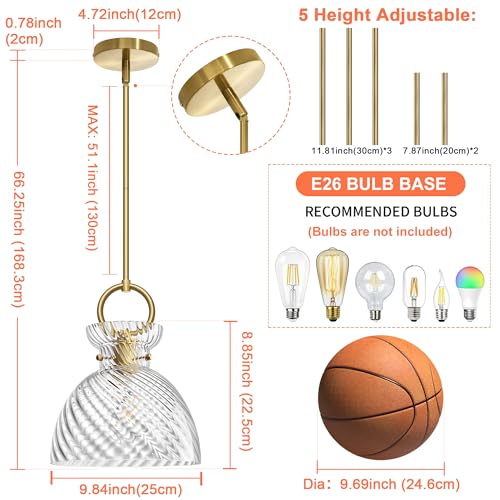 Gold Pendant Light Kitchen Island with 9.84'' Striped Glass Shade