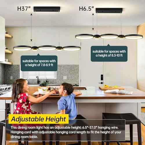 Modern LED Chandelier Light, 3000-6500K Dimmable Modern Pendant Light Fixture with Remote Control, Height-Adjustable Island Light Ceiling Hanging for Dining Room Kitchen (Black, 3Ring- 36IN)