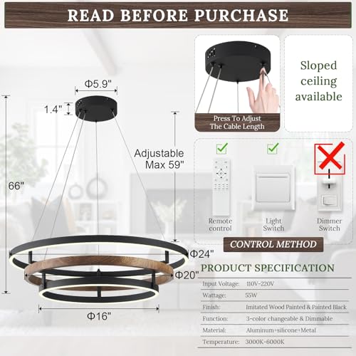 3 Ring LED Chandelier Modern Chandeliers Walnut Wood Black Dimmable 24''