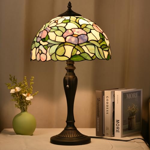 TL0005 Tiffany Table Lamp Bedside Stained Glass Lamp Spring Floral Design Reading Desk Light 12X21.5 Inches for Bedroom Living Room Home Office