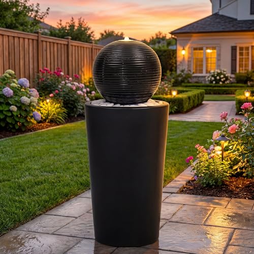 Autodaya 30"H Ceramic Sphere Water Fountain with LED Light for Garden Patio