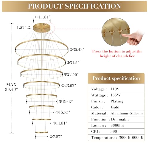 Modern LED Chandeliers 35" Brushed Gold 8