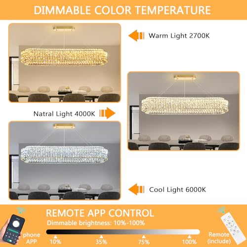 L47 x W12 Modern Chandeliers for Dining Room LED Dimmable Pendant Lighting Ceiling Chandelier Crystal Rectangle Light Fixtures Gold