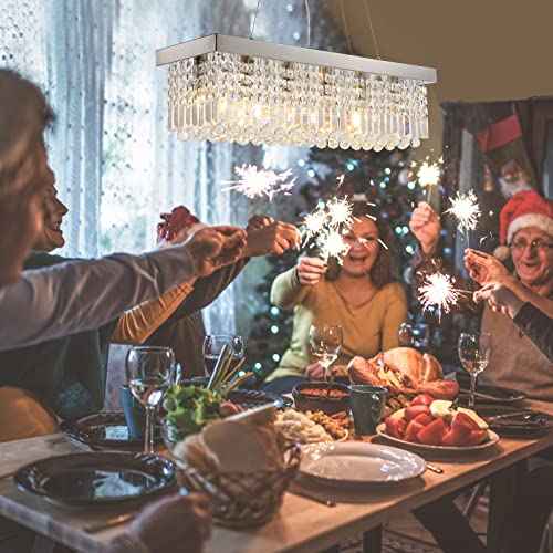 6-Light Modern Crystal Chandelier for Dining Room, Rectangular K9 Crystal Raindrop Chandelier, Rectangle Pendant Ceiling Light Fixture for Living Room Kitchen Island L31.5'' x W10'' x H10''