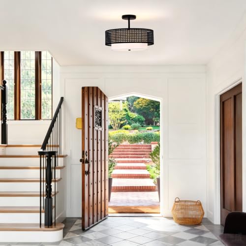 16" Black Rattan Ceiling Light
