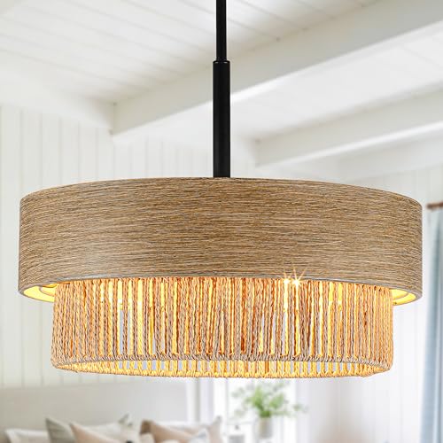 19.6" Large Wood Texture Drum Chandelier for Dining Room with Woven Rattan