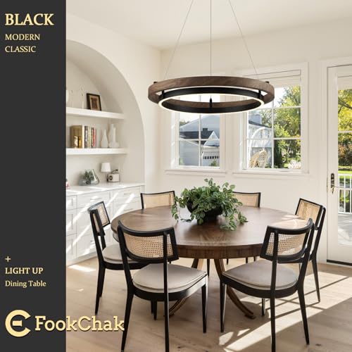 LED Ring Chandelier Modern Round Pendant Light Walnut Wood Black Dimmable