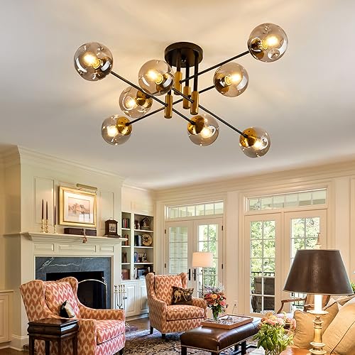 8 Light Glass Globe Ceiling Light Black and Gold Mid Century Flush Mount Sputnik Light Fixture Bubble Chandelier Living Room Farmhouse for Dining Room Kitchen Bedroom