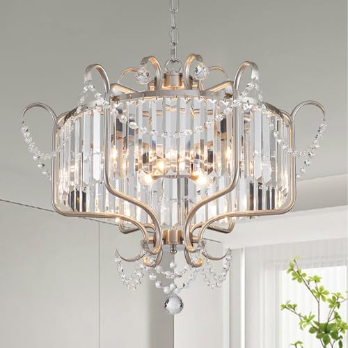Modern Crystal Chandelier for Dining Room 24" Brushed Nickel Light Fixtures 6 (6 Count)