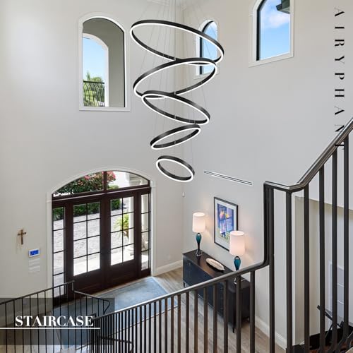 5 Ring Chandelier Black Modern LED Chandeliers High Ceiling 31" Large Foyer Chandelier Entryway Dimmable Pendant Light Fixture for Living Room Staircase
