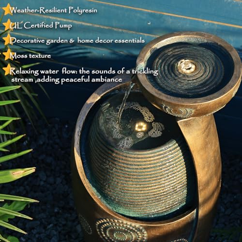 Indoor Water Fountain Feature Outdoor Garden Large Jar Floor Standing Fountain Waterfall with LED Light & Pump for Home Decor Office Yard Patio Pool Deck Porch