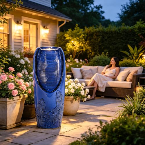 Autodaya 33" H Ceramic Jar Outdoor Water Fountain with Lights