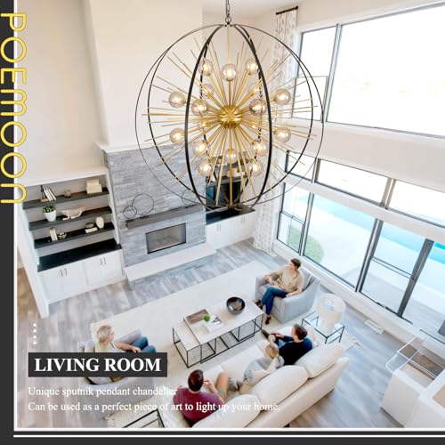 43.2" 18 Light Black Gold Sputnik Chandelier with Smoke Glass Shade