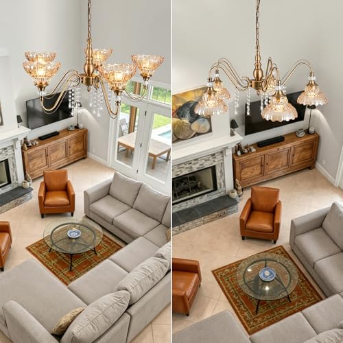 5 Light Vintage Chandelier in Matte Antique Brass Finish with Amber Flower (5-Light / Antique Brass and Amber)