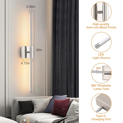 30 Inch Sand Nickel Rechargeable Wall Sconces Set of 2 Battery Operated (2 Count)