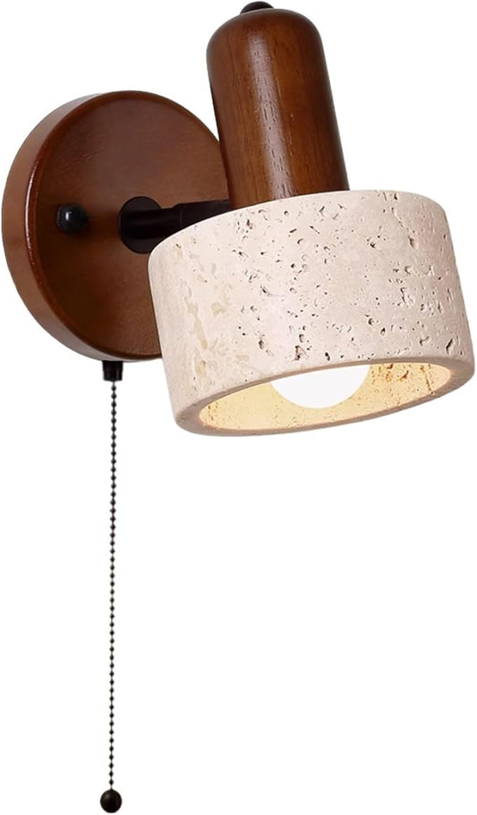 Nordic Style Natural Stone Wall Lamp, Yellow Travertine Wall Sconce with Adjustable Marble Lampshade & Wood Base, Japanese Style Wabi-sabi Art Lighting Fixture for Bedside(Walnut,Pull Switch)