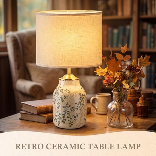 2 Pcs 21" Vintage Green Ceramic Lamp with Beige Linen Shade (2 Count)