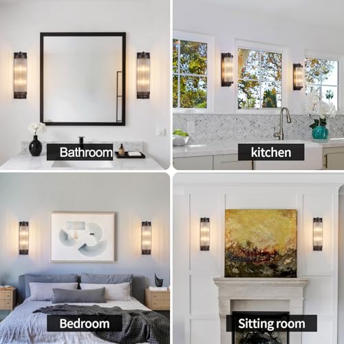 Black Wall Sconces Set of Two with Crystal Glass Strip Bathroom Sconces Modern Wall Lights for Bedroom Living Room Hallway Wall Light Fixtures (2 Count)
