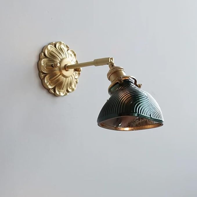 Elegant Brass Wall Sconce Modern Adjustable Home Decor Lighting Fixture with Striped Green/Clear Glass Shade, Japanese-Style Wabi Sabi Polished Brass Hardwired Sconces for Bedroom
