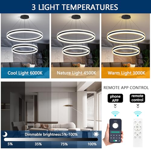 D23.6''+31.5'' Modern Ring Chandelier for Dining Room LED Dimmable Pendant Lighting High Ceiling Chandelier for Living Room Foyer Bedroom Entryway 3000K
