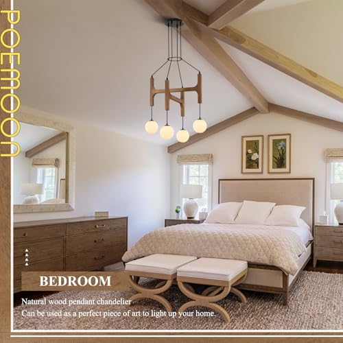 Rustic Oak 4 Light Wooden Chandelier with Milk Glass Globe L24 Inch