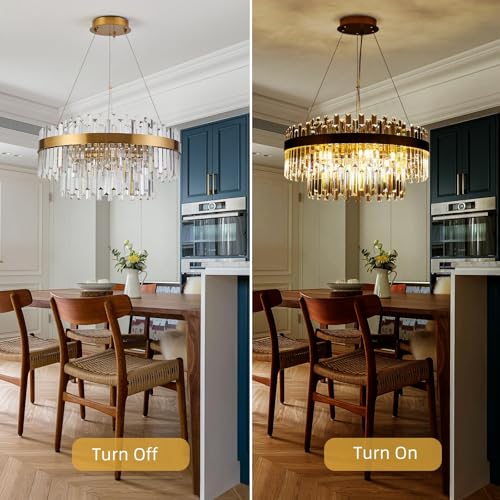 23.6" Brushed Gold Round Crystal Chandelier Dining Room Living Room