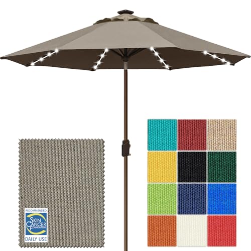 USA 10-Year-Non-Fading 10ft Market Patio Umbrella, Commercial Grade Table Sun Umbrella with 80 Solar LED Lights, Crank Open, Windproof & UPF 50+ UV Protection for Garden, Deck, Pool, Backyard, Taupe