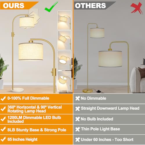 Upgraded Modern Arc Dimmable Tall Standing Floor Lamp with Marble Base & Linen Shade