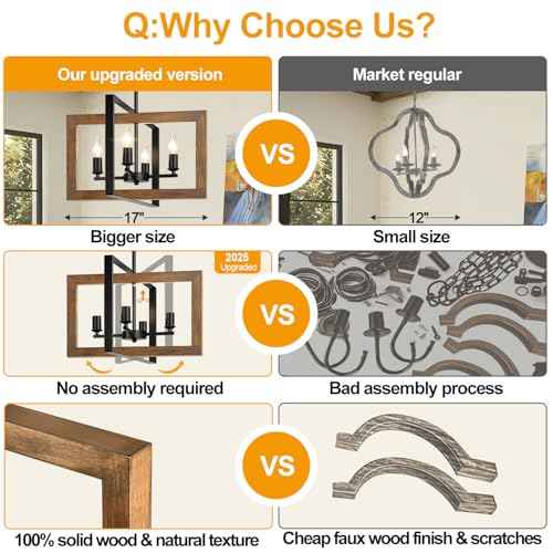11.3"-55.3" Height Adjustable Farmhouse Real Wood Chandelier, No Assembly Required 4-Light Rustic Dining Room Light Fixture Over Table, Hanging Chandelier for Kitchen Living Room Foyer Entryway