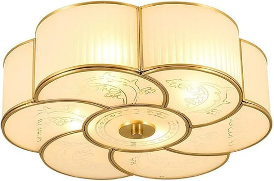Brass Flush Mount Ceiling Light, Vintage Frosted Glass Ceiling Lighting Fixture, 4 Lights Classic Ceiling Lamp for Bedroom Nursery Living Room (Flower, 23.6")