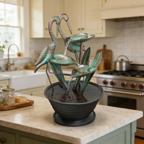 Tabletop Water Fountain with Standing Metal Crane for Home Decor