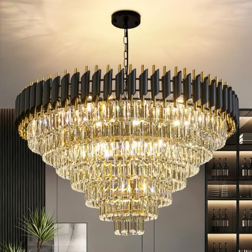 Modern Large Crystal Chandeliers Black and Gold 35" Round 7 Tiers 18 (19 Count)