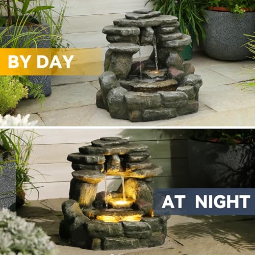 15.6" H Small Garden Outdoor Rock Water Fountain with LED Lights