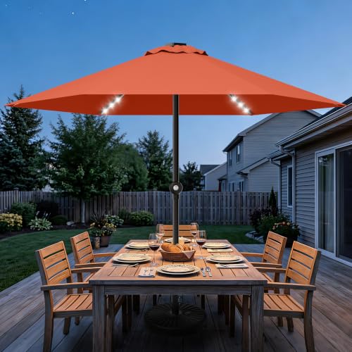 Patio Umbrella 9FT Solar Lights Push Up Outdoor Market Umbrella Orange