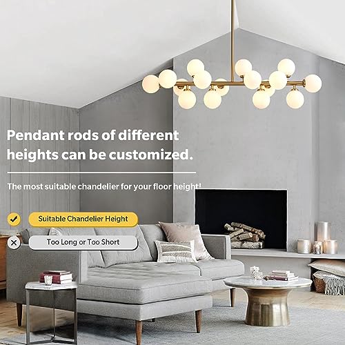 Gold Dining Room Chandelier Over Table Mid Century Modern Chandelier White Glass Globe Lampshade Linear Pendant Lighting Fixture for Living Room Dining Table 16 Lights