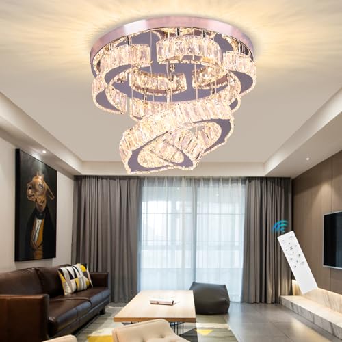 15.7" 2 Ring Flower Crystal Flush Mount Ceiling Light Dimmable remote