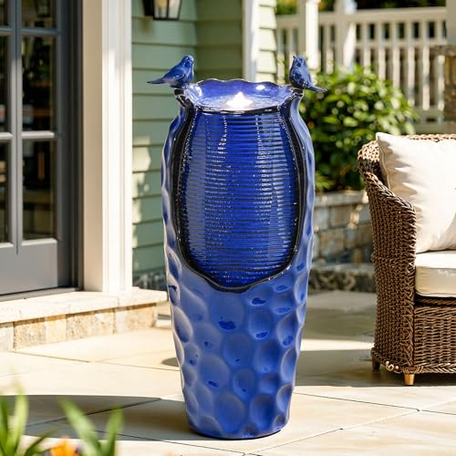 Autodaya 33" Vase Ceramic Outdoor Water Fountain with Lights and Birds