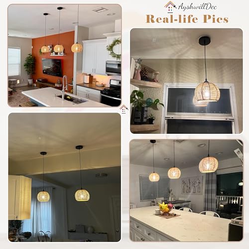 Mini Hemp Rope Woven Pendant Light Woven Light Fixture Boho Chandelier Light Fixture Wicker Pendant Light Rattan Light Pendant Dome Wicker Chandelier for Bedroom Kitchen Island