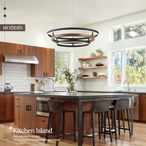 3 Ring LED Chandelier Modern Chandeliers Walnut Wood Black Dimmable 24''