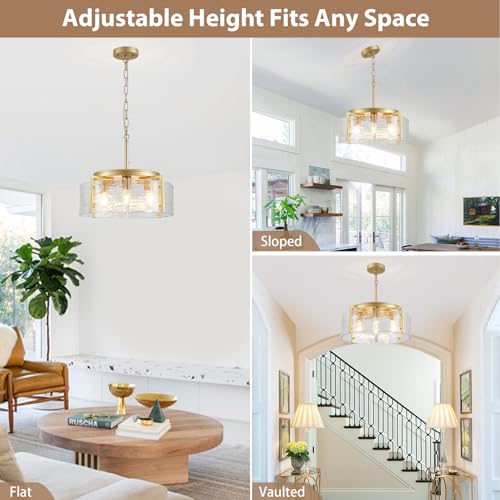 4 Light Glass Gold Chandeliers for Dining Room 17.3" Round Modern Farmhouse Chandelier Drum Hanging Pendant Ceiling Light Fixture for Hallway Entryway Kitchen Island Foyer Bedroom Laundry