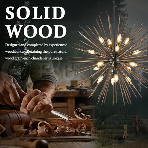 Large Wood Sputnik Chandeliers 16 Light Starburst Light Fixture Solid Wood