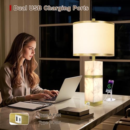 27" Alabaster Table Lamps Set of 2 with Night Light for Bedroom (2 Count)