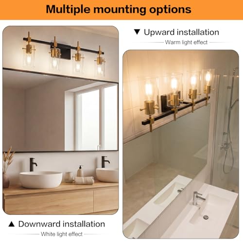 Farmhouse Brass Bathroom Vanity Lights fixtures Over Mirror Vintage Bathroom Lighting Wall Sconce with Glass Shade 4 Lights
