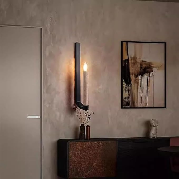 Natural Marble Wall Sconces, Japanese Style Wabi-Sabi Art Lighting Fixture, Yellow Travertine Wall Lamp, Linear Candle Wall Sconce E14 Base Hardwired Wall Light for Bedroom Living Room