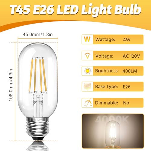 Edison Bulbs 4W Vintage 40 Watt Light Bulbs E26 Led Bulb 4000K Natural Light CRI90 T45 Antique LED Bulb Clear Glass 400 Lumens 4 Packs for Chandeliers (4 Count)